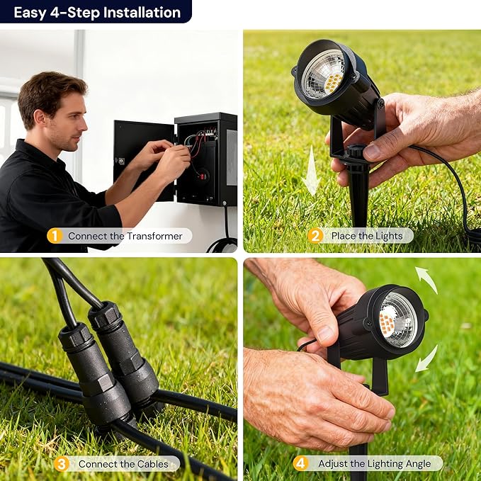 L LOHAS LED 5W Low Voltage Landscape Lighting, Christmas Outdoor Spot Lights with Connectors, 12V 24V IP66 Waterproof 3000K Warm White Plug in Spotlights for Yard, Garden, Pathway, House (12 Pack)