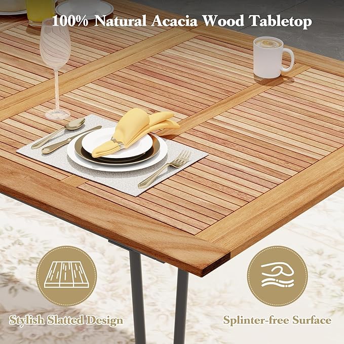 Tangkula 86.5" Large Patio Dining Table for 8, Acacia Wood 8-Person Dining Table with 2" Umbrella Hole & Metal Legs & Adjustable Foot Pads, Rectangular Outside Table for Garden, Poolside & Backyard