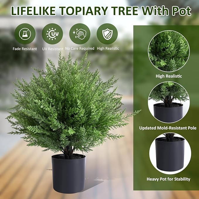 Artificial Topiary Bushes for Outdoors with Spike, Boxwood Ball Fake Shrubs UV Resistant Faux Plants for Indoor Outdoor Fall Thanksgiving Halloween Decor (Heart Crpress Topiary with Pot-2 Pack)