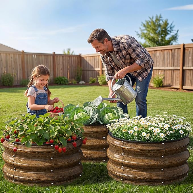 Kesfitt Round Metal Raised Garden Bed, 2x2x1 FT, 12-Inch Deep Galvanized Steel Garden Bed with Open Bottom for Vegetables & Herbs, Walnut Finish, 3 Pack