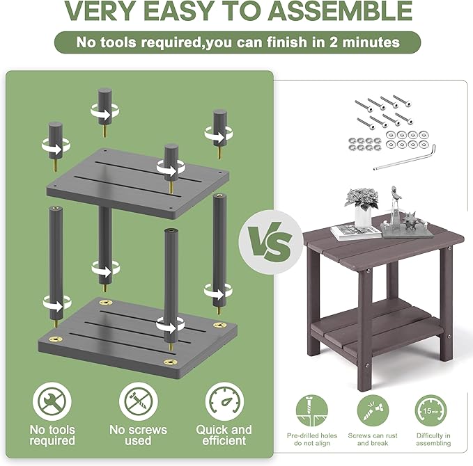 Outdoor Side Table, 2-Tier Small Outdoor Table for Patio, Adirondack Side Tables for Outside or Indoor, Bamboo End Table for Pool, Porch, Weather Resistant Easy Maintenance-Gray