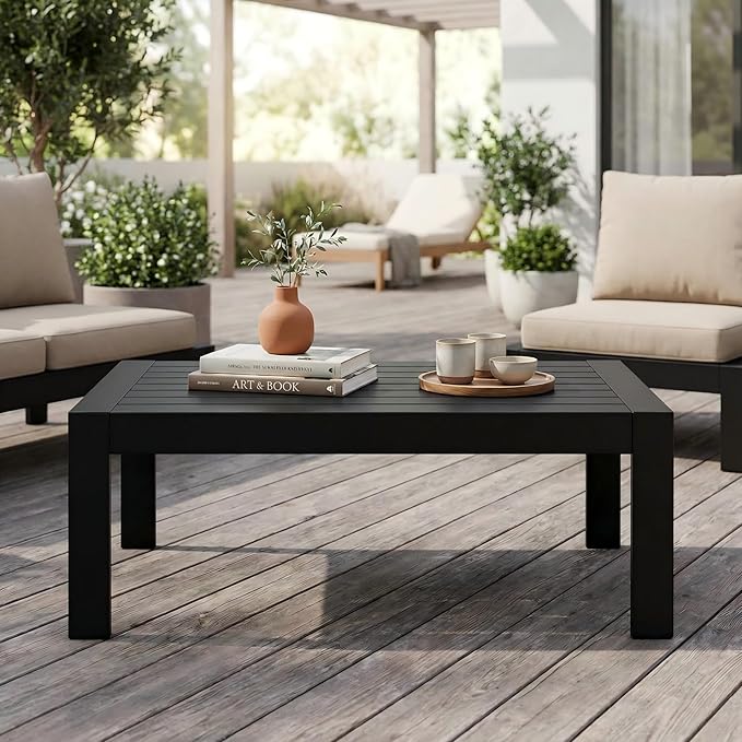 Solaste Aluminum Outdoor Coffee Table, All-Weather Rectangle Metal Patio Coffee Table Furniture for Balcony, Garden, Indoor or Outdoor Use, Black