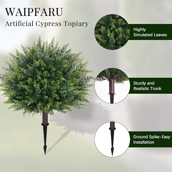 Waipfaru Artificial Plants Outdoor, 2Pcs 23'' Artificial Cedar Topiary with Ground Spike, UV-Resistant Fake Plants Fake Bushes Shrubs for Outdoor Indoor Garden Front Porch Decor