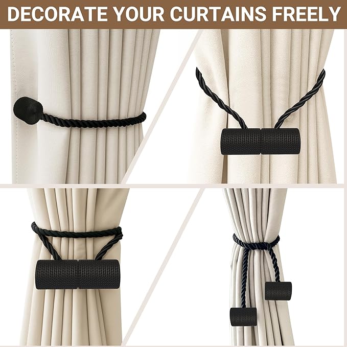 Hion Magnetic Curtain Tiebacks Black 6 Pack, Curtain Tiebacks Buckles Holdbacks Holders Hooks Clip for Home Bedroom Office Decorative Thick or Thin Curtain