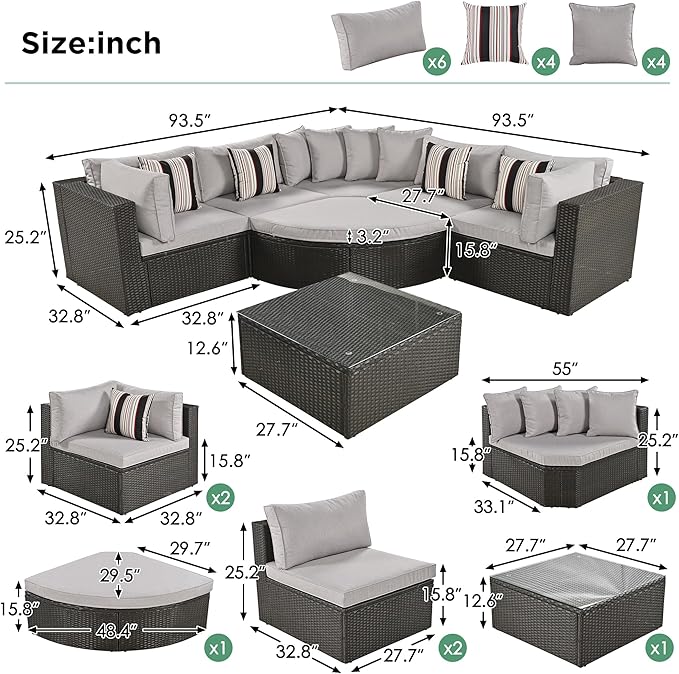 Merax 7-Piece Outdoor Wicker Sectional Sofa Set,Modular Rattan Conversation Set with Gray Cushions,Striped Green Pillows & Tempered Glass Coffee Table for Patio,Garden,Deck,Brown
