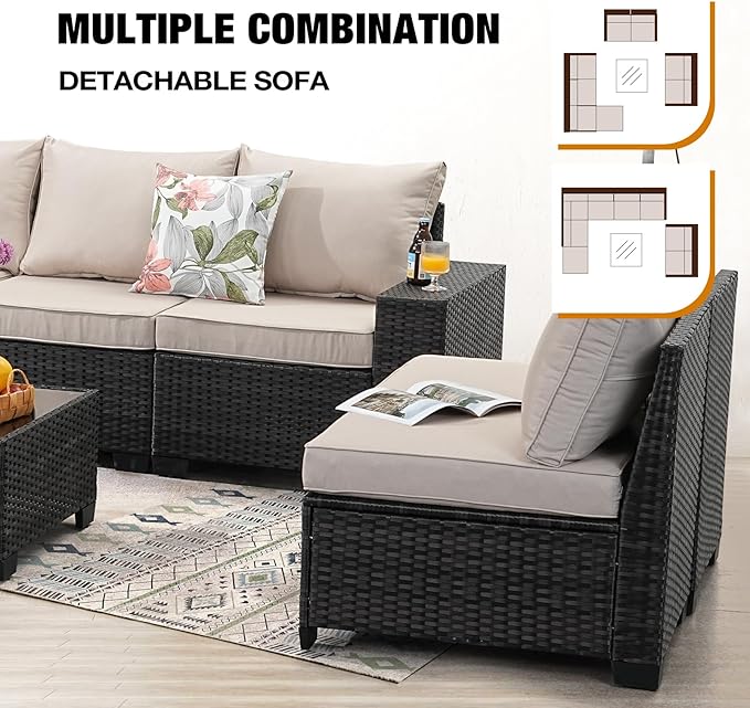 9 Pieces Patio Furniture Set All-Weather Outdoor Wicker Sectional Conversation Sofa Rattan Patio Seating Sofa with Cushion and Glass Table and Ottoman for Porch Poolside,Beige