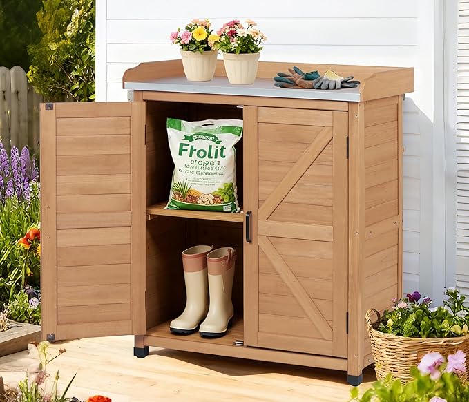 Outdoor Potting Bench with Storage Cabinet and Metal Top, Wood Workstation for Outdoor Patio, Garden (Light Brown, 31.5x17x39‘’)