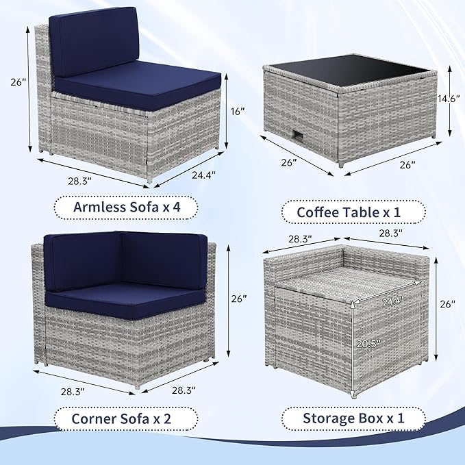 8-Piece Patio Furniture Set, Outdoor Wicker Rattan Sectional with Thick Cushions, Glass Top Table with Hidden Storage, Outdoor Conversation Set for Backyard, Porch, Patio, Blue
