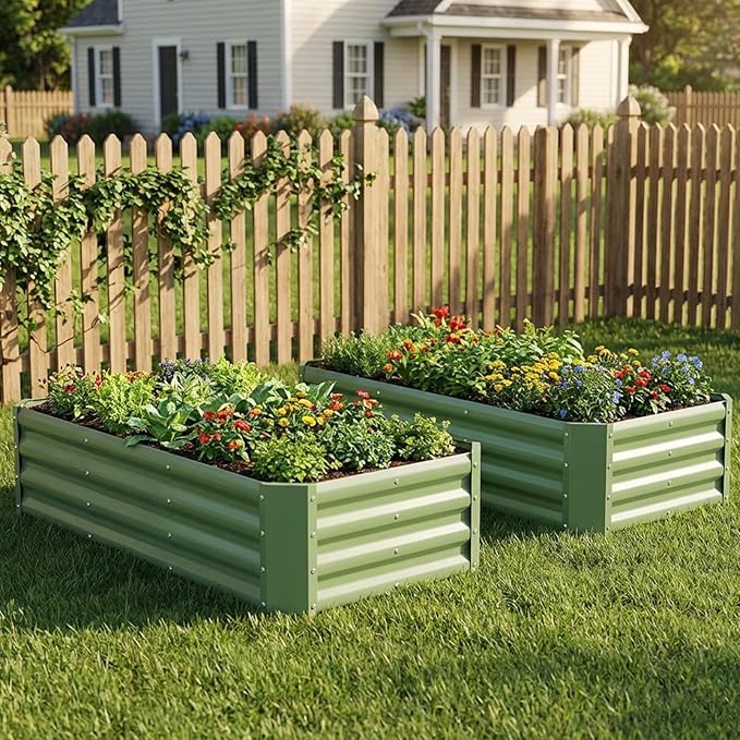INNO STAGE 2 Pcs 4×2×1ft Galvanized Raised Garden Bed Kit, Galvanized Planter Raised Garden Boxes Outdoor, Large Metal Raised Garden Beds for Vegetables, Flowers, Herbs, and Succulents, OliverGreen