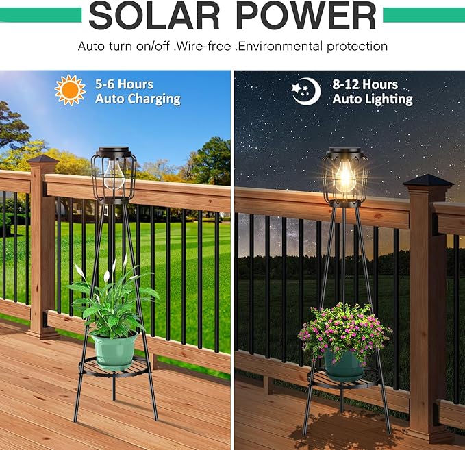 2 Pack Solar Lights with Plant Stand, Outdoor Floor Lamp, Waterproof Solar LED Edison Bulb Floor Lamps for Patio Porch Deck Yard Garden Decor