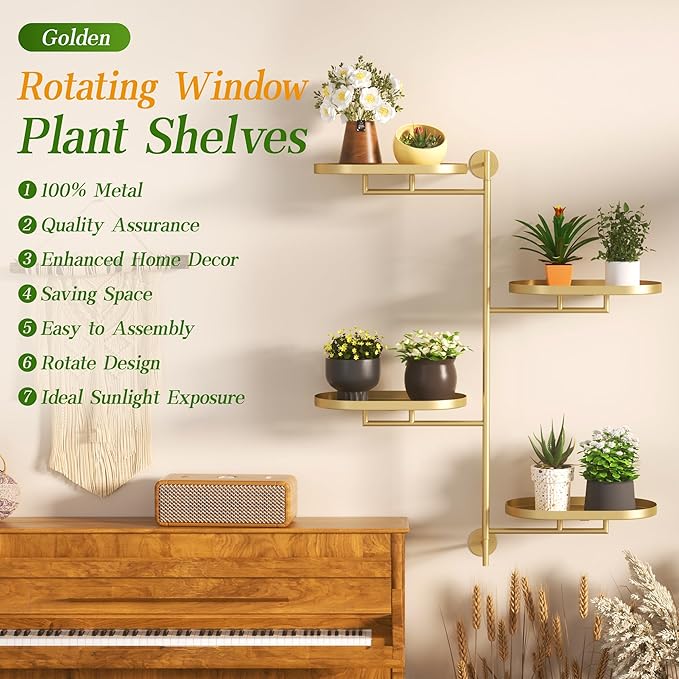 Window Rotating Plant Stand Shelf Indoor Gold Metal Floating Shelves 4-Tier Wall Mount Plant hanger Holders for Wall Planter Modern Home Decor window sill gifts