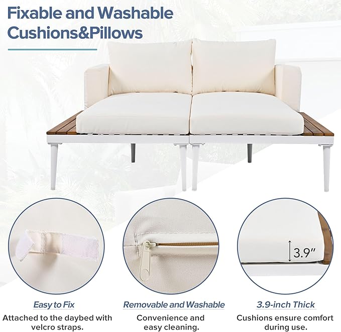 LUMISOL Outdoor Patio Daybed Metal Daybed with Cushions and Wood Topped Side Spaces for Drinks, 2 in 1 Padded Chaise Lounges for Poolside, Balcony, Deck, Beige