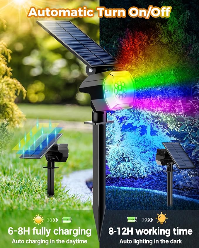 btfarm Solar Lights Outdoor Waterproof IP65-2 Pack LED Color Changing Spot Light 7 Lighting Color RGB Powered Spotlights, Uplight for Yard Tree Landscape Garden Christmas Halloween