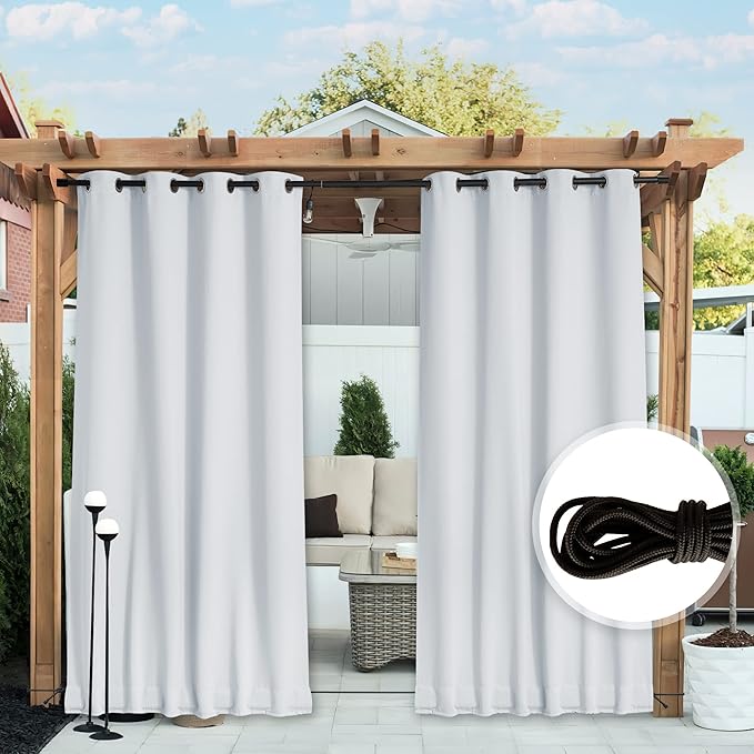 NICETOWN 2 Panels Outdoor Curtains for Patio Waterproof Extra Long 120", Windproof Thermal Insulated Top & Bottom Grommet & Back Tab Blackout Porch Drapes with Rope for Fixed, Greyish White, 52" Wide