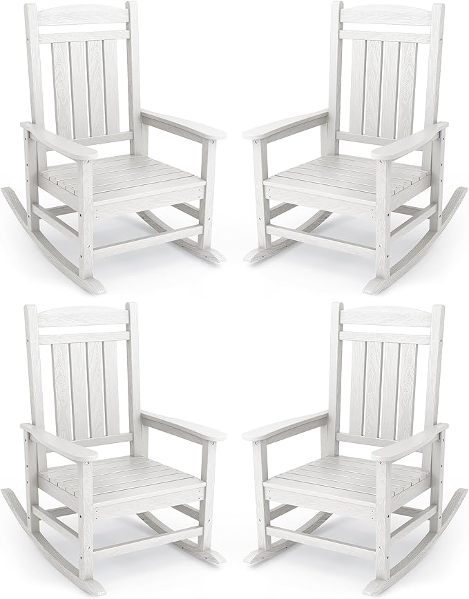 KINGYES Oversized Outdoor Rocking Chair Set of 4, High Density Polyethylene Patio Rocking Chairs with 330lbs Support for Adults, White