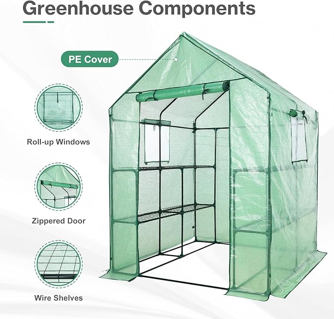 Aoodor Walk-in Greenhouse with 8 Shelves, 4.7 × 4.7 × 6.4 ft Outdoor Garden Plant House with PE Cover for Growing Vegetables, Flowers, Herbs