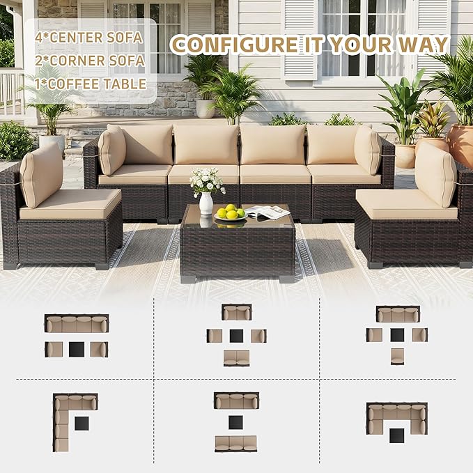 LEVELEVE 7 Pieces Outdoor Patio Furniture Sets,Rattan Conversation Sectional Set,Manual Weaving Wicker Patio Sofa with Tea Table