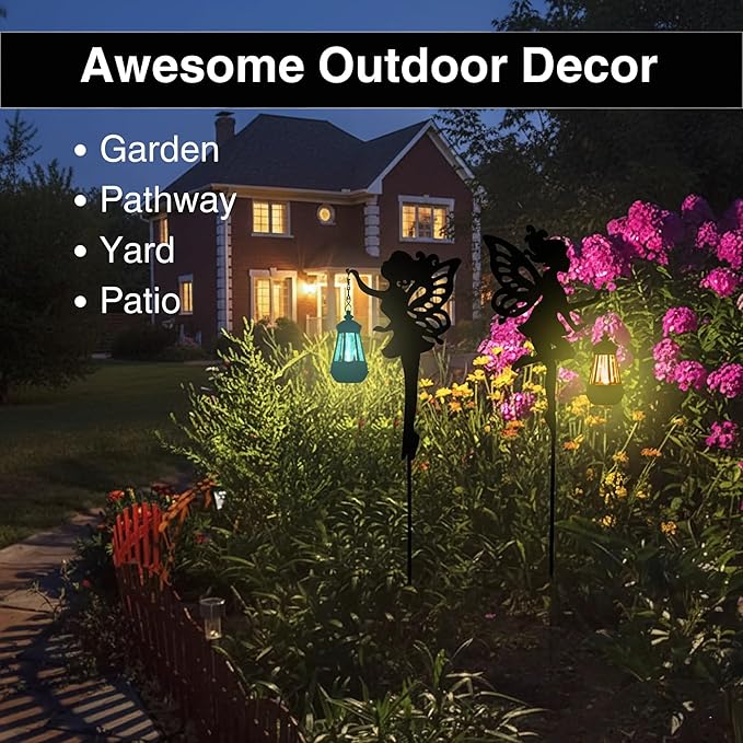 Solar Fairy Garden Lights Outdoor – Spring Decorations Yard Ornaments, Color-Changing LED Fairy Statue with Lantern, Solar Powered Garden Stakes for Patio, Lawn & Pathway Decor (Set of 2)