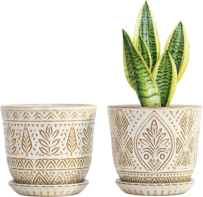 Gepege 6 Inch Ceramic Planter, White Plant Pot with Drainage Holes and Saucers for Indoor Plants, Birthday for Women Mom