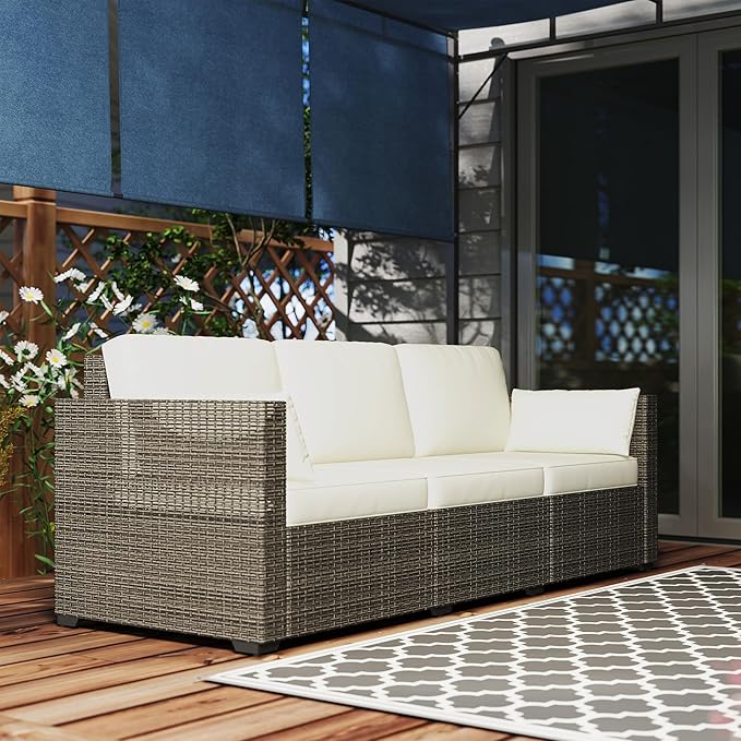 Outsunny Patio Couch PE Wicker Deep Seating Outdoor Sofa with Removable Cushions, 3 Seater Rattan Sofa, Outdoor Furniture for Balcony, Deck, Garden and Poolside, Cream White