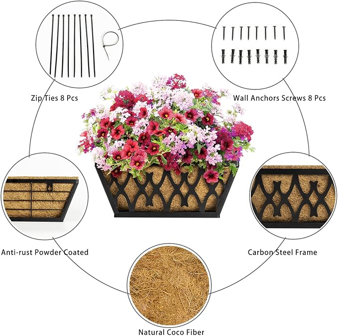 4 Pack 12 Inch Window Boxes Planters Railing Planter Box with Coco Liners Deck Railing Planter Boxes Balcony Hanging Flower Box for Outdoor Plants Garden Decor