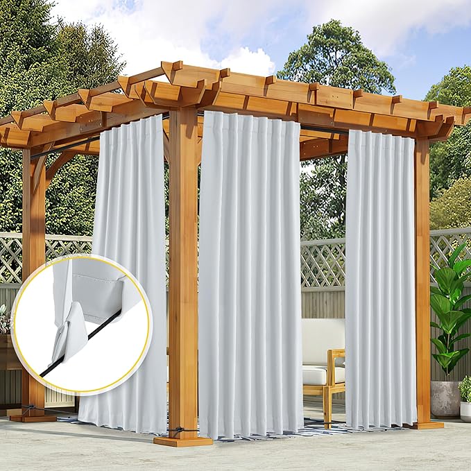 NICETOWN Blackout Outdoor Curtains for Patio Windproof 2 Panels Top & Bottom Pocket & Back Tab, Thermal Fixed Waterproof Safe Drapes Keep Privacy for Yard/Porch, Greyish White, W52 x L108