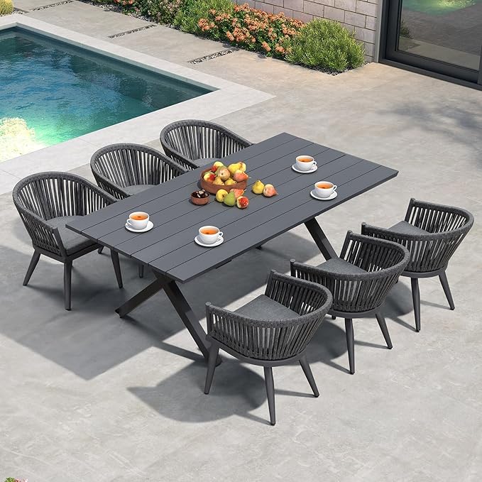 PURPLE LEAF 7 Pieces Longer Outdoor Dining Set with Patio Aluminium Dining Table and Wicker Chairs Modern Furniture Cushions Sets for Backyard Indoor Decor Kitchen Gray