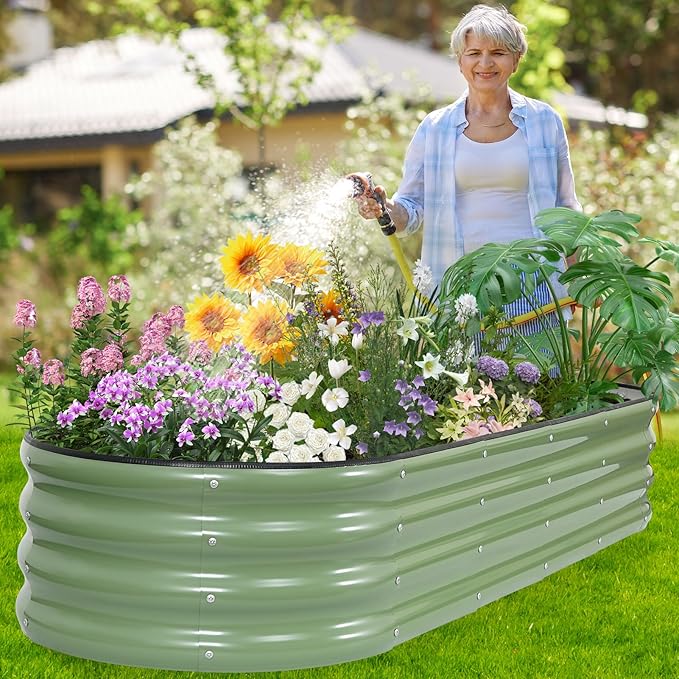 Galvanized Raised Garden Bed - 6×2×1ft Planter Raised Beds for Gardening | Oval Metal Garden Planter Box with Safety Edging and Gloves for Vegetables Fruits and Flower OliveGreen