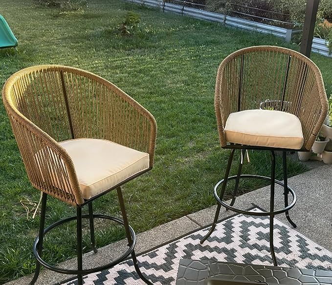 DWVO Outdoor Counter Height Bar Stools Set of 2, Patio Swivel Bar Chairs with Soft Cushions, 360° Rotation, Bar Height Rattan Chairs for Backyard, Poolside, Garden, Beige