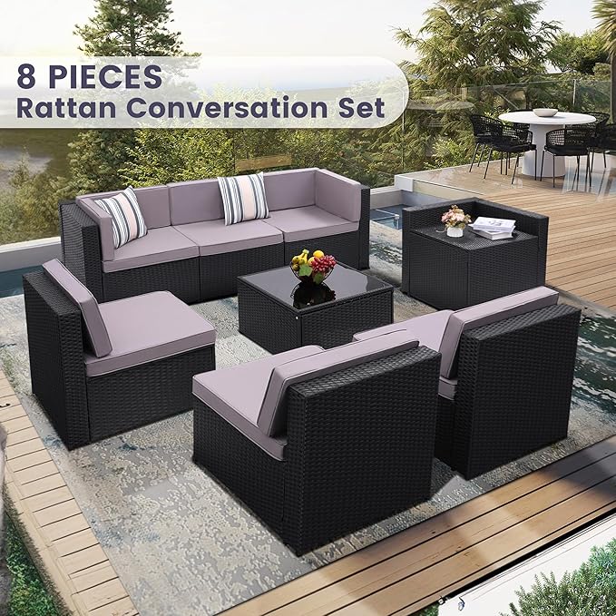 8-Piece Patio Furniture Set, Outdoor Wicker Rattan Sectional with Thick Cushions, Glass Top Table with Hidden Storage, Outdoor Conversation Set for Backyard, Porch, Patio, Light Grey