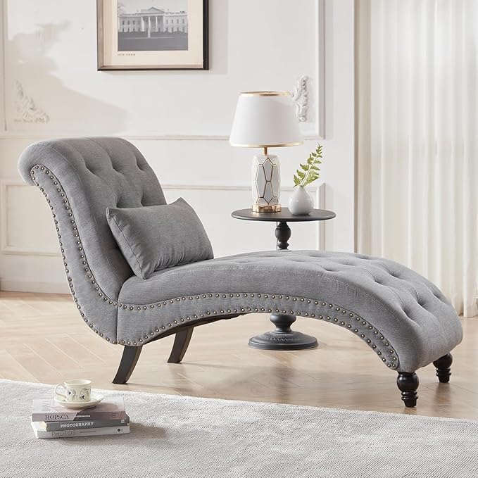 Tufted Soft Chaise Lounge Chair for Bedroom, Linen Rivets Chaise Lounge Indoor, Armless Upholstered Chaise Couch Chair for Living Room with Square Cushions and Solid Wood Legs, Gray