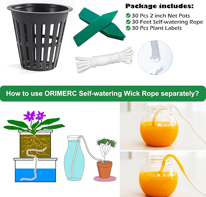 ORIMERC 2 inch Net Cups Pots 30 Pack with 30 feet Self Watering Wick & 30 Plant Labels for Hydroponics Aquaponics Planter Indoor Outdoor Growing Baskets Slotted Mesh UV Resistant & BPA Free