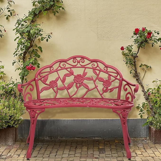 VINGLI 38.5" Patio Park Garden Outdoor Metal Rose Bench, 2-Person Cast Iron Cast Aluminium Frame Antique Finish Chair,Accented Lawn Front Porch Path Yard Decor Deck Furniture (Red, Rose)