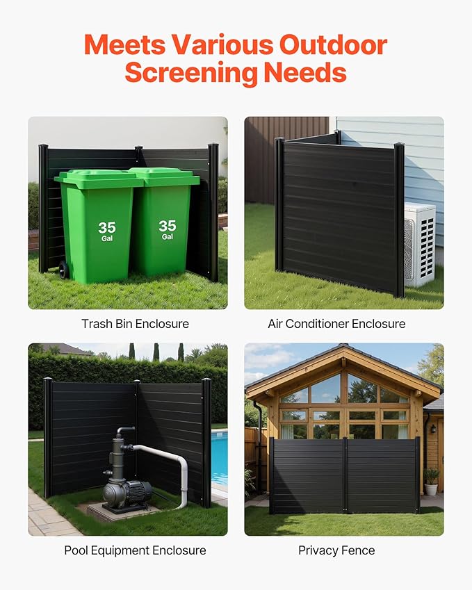 VEVOR 2 Panels Outdoor Privacy Screen, 48 x 48 in Air Conditioner Fence with 27.6 in Ground Stakes, Pool Equipment Enclosure, Horizontal Vinyl Privacy Fence, Ideal for Trash Can and A/C Units, Black