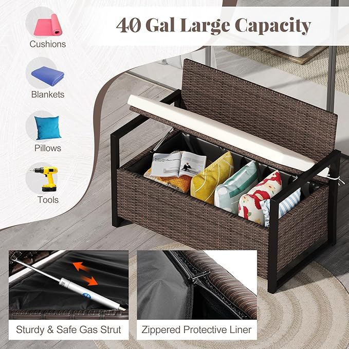 RELAX4LIFE Wicker Outdoor Bench with Storage - Rattan Deck Box w/Protective Liner for Pillows, Pool Supplies, Garden Tools, Patio Loveseat with Seat Cushion & Metal Armrests for Backyard Porch Balcony
