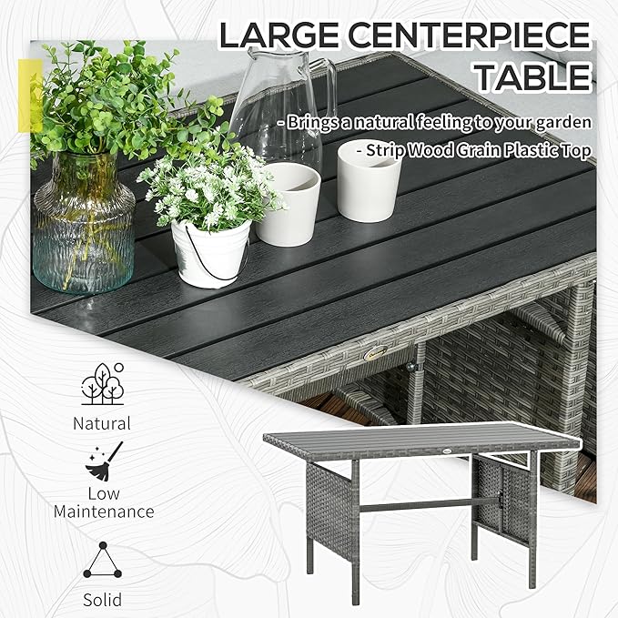 Outsunny Wicker Outdoor Patio Furniture Set, L-Shaped 7 Piece Outdoor Dining Sectional Sofa with Dining Table and Chair, Storage Loveseat, Ottomans and Cushions, Dark Blue