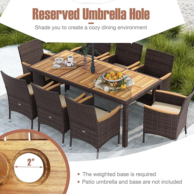 Tangkula 9 Pieces Rattan Outdoor Dining Set for 8, Outdoor Acacia Wood Table Set with 8 Cushioned Wicker Chairs, Umbrella Hole, Patio Dining Furniture Set for Deck Pool Backyard