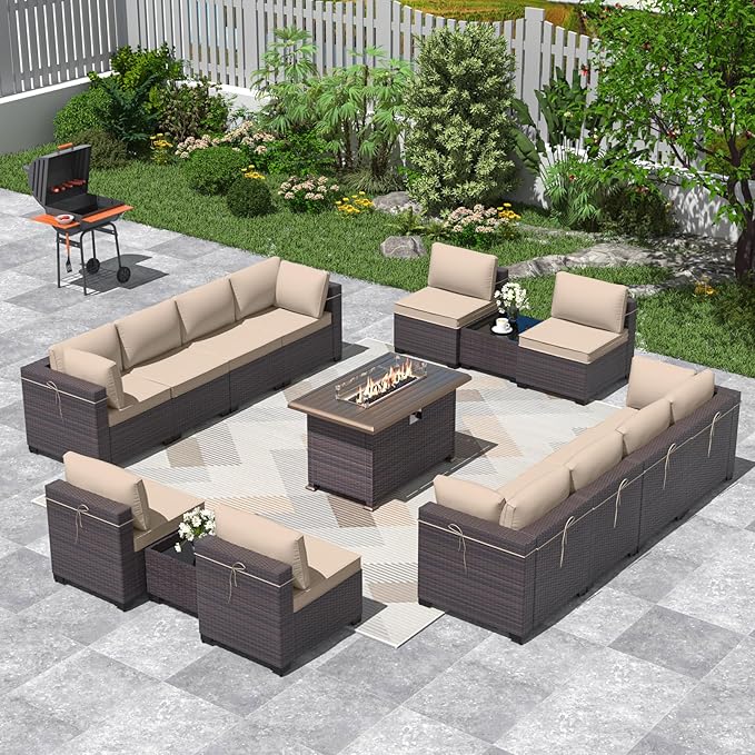 ALAULM Patio Furniture Set with Fire Pit Table 55000 BTU, Outdoor Sectional with Wide Seat and Thick Cushion, 15 Piece Wicker Rattan Conversation Set with Coffee Table for Garden, Deck, Sand