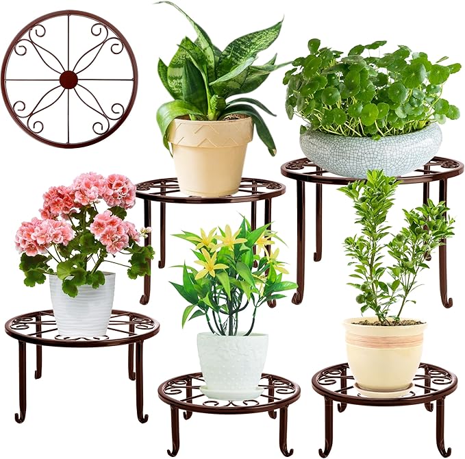 Plant Stand Indoor 5 Pack Brown Metal Plant Stands Outdoor Heavy Duty Flower Pot Stands for Multiple Plants Rustproof Iron Round Plant Holder for Plants Indoor Planter for outdoor plants & Garden Decor ﻿