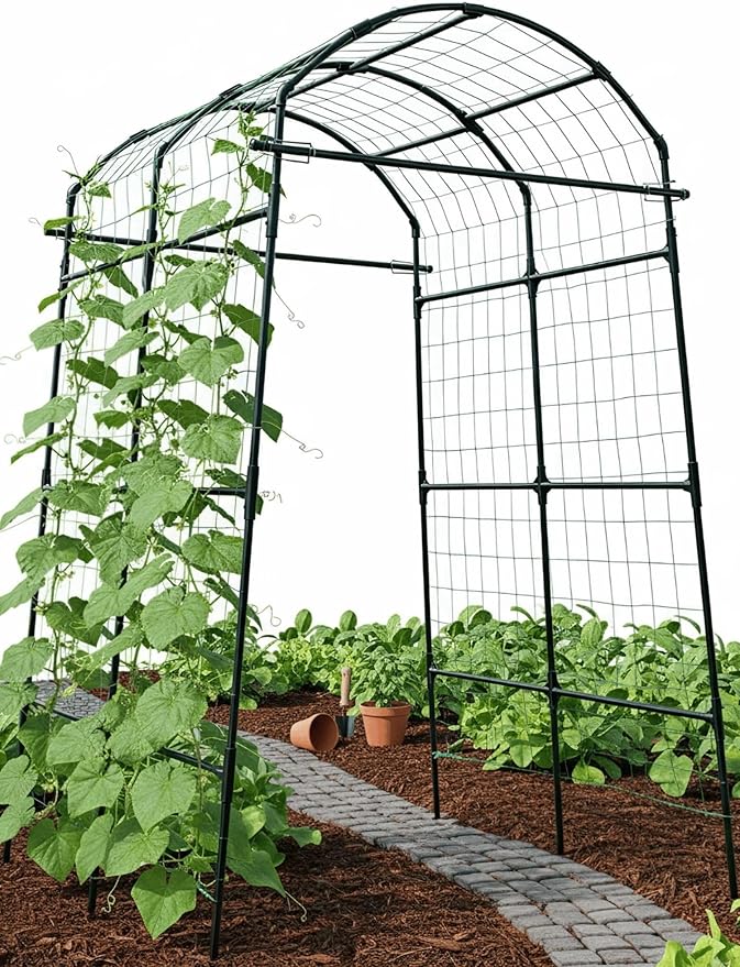 Garden Trellis Arch 7FT PP-Coated Stainless Steel Metal Extra Tall Cucumber Trellis Arch Garden Arch Trellis for Climbing Plants Outdoor Vegetable Trellis with Trellis Netting