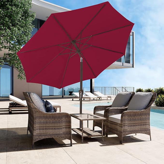 JEAREY 9FT Outdoor Patio Umbrella Outdoor Table Umbrella with Push Button Tilt and Crank, Market Umbrella 8 Sturdy Ribs UV Protection Waterproof for Garden, Deck, Backyard, Pool (Brick Red)