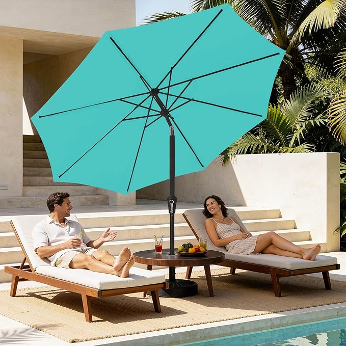 MEWAY 9ft Patio Umbrella Outdoor Table Umbrellas with Push Button Tilt and Crank, Market Umbrella 8 Sturdy Ribs for Deck, Garden, Pool and Backyard, Teal