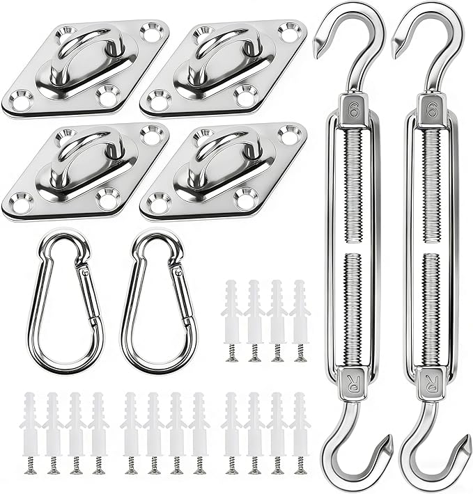 YOFIT 40 Pcs Shade Sail Hardware Kit, 6 Inch Outdoor Sun Sail Accessories, 304 Stainless Steel Turnbuckles & Brackets for Triangle/Rectangle Sails, Patio Canopy Installation Hardware Set Waterproof