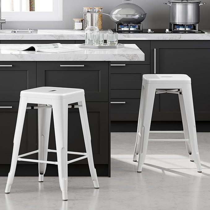Yaheetech 24 Inch Metal Barstools Set of 4, Counter Height Backless Stools, Industrial Stackable Bar Chairs with Footrest for Kitchen/Dining Room/Bistro/Patio, White