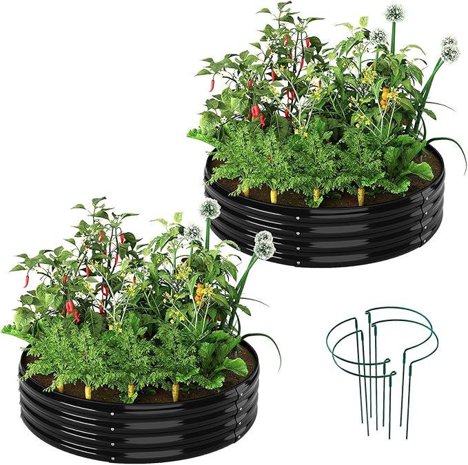Galvanized Metal Planter Round Raised Garden Bed Kit for Gardening Outdoor，2x2x1ft 2pc Grow Garden Box Raised Flower Bed，Round Galvanized Planter Outdoor Metal Fire Pit Ring Black