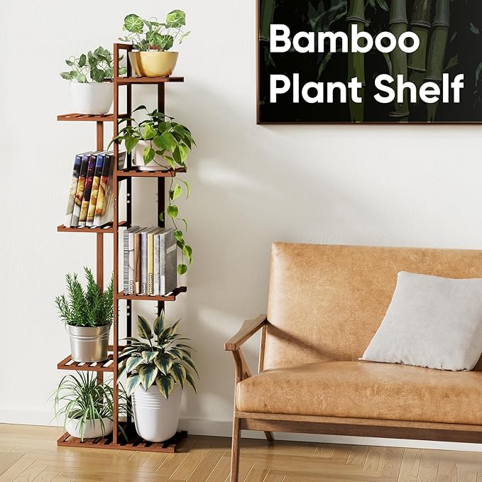 ROSSNY 55 Inch Tall Plant Stand Indoor, 7 Tier 8 Potted Bamboo Plant Stands for Indoor Plants, Corner Plant Stand, Tiered Plant Stands, Plant Shelf For Indoor, Planter Holder for Multiple Plants Indoor, Brown