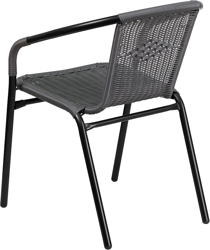 Flash Furniture 3-Piece Patio Dining Set with Round Glass Metal Table and 2 Stackable Rattan Chairs, Indoor/Outdoor Bistro Table and Chairs Set, Gray