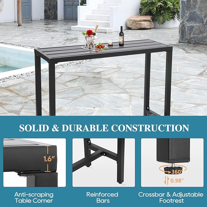 Outdoor Bar Table, Patio Console Pub Height Tables with Powder Coated Steel Frame, Weather Resistant Waterproof Top for Hot Tub, Balcony, Garden, Yard, Poolside (Black, 47" Narrow Bar Table)