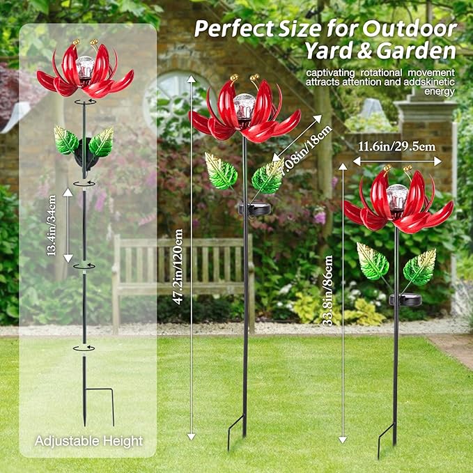 Solar Lights Outdoor Garden Decor, Solar Wind Spinner Yard Decorations Gifts for Outside, Lotus Windmill Pathway with LED Cracked Crystal Ball Waterproof Flower Sculpture for Patio Lawn