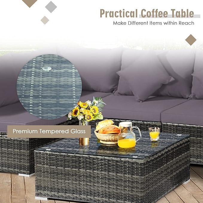Tangkula 7 Pieces Wicker Patio Furniture Set, All-Weather Outdoor Rattan Sectional Sofa Set with Cushions & Tempered Glass Coffee Table, Outside Sofa Set for Garden, Lawn, Deck, Backyard (Grey)